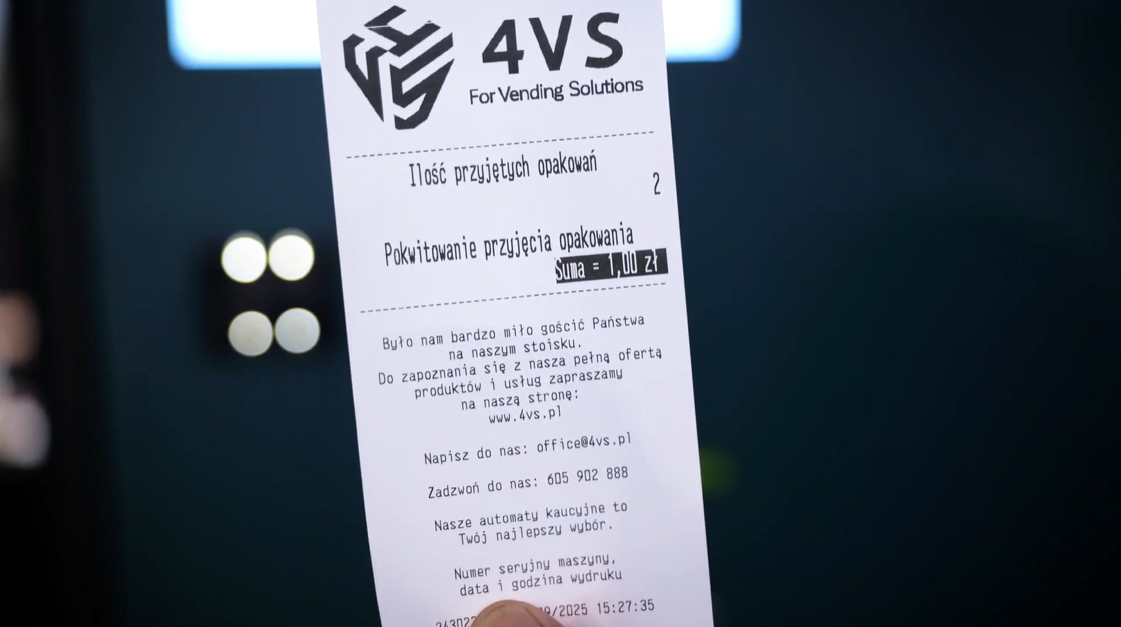 Zwrot kaucji w automacie kaucyjnym 4VS – wydruk potwierdzenia